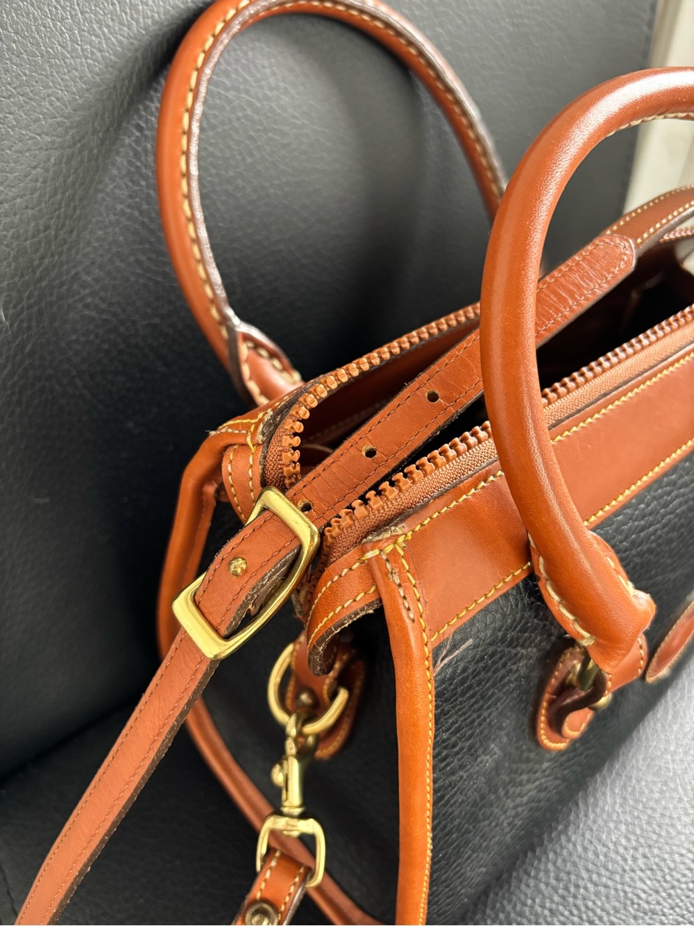 Dooney & Bourke Black with Brown Trim Pebbled Leather Satchel - Picture 3 of 13